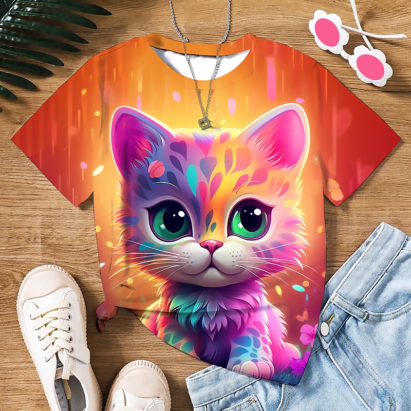 Flickor 3D Grafisk Tecknat Katt T-shirt Kortärmad 3D-tryck Sommar Vår Aktiv Mode söt stil Polyester Barn 3-12 år Utomhus Ledigt Dagligen Normal 2025 - $10.99 –P11