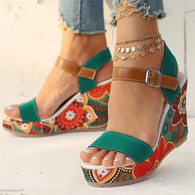 Damen-Keilsandalen im Boho-Stil mit Blumenmuster – offenes Plateaudesign mit verstellbaren Riemen für lässige Sommeroutfits 2026 - $32.99 –P1