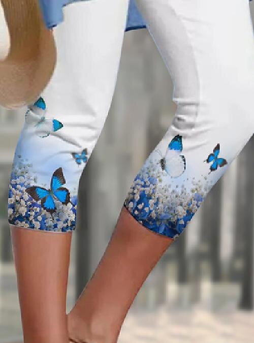 Dámské legíny capri vysoké elasticity ležérní délka lýtek s potiskem motýlů prodyšné rychleschnoucí měkké elastické ležérní každodenní modré 2025 - $18.99 –P2