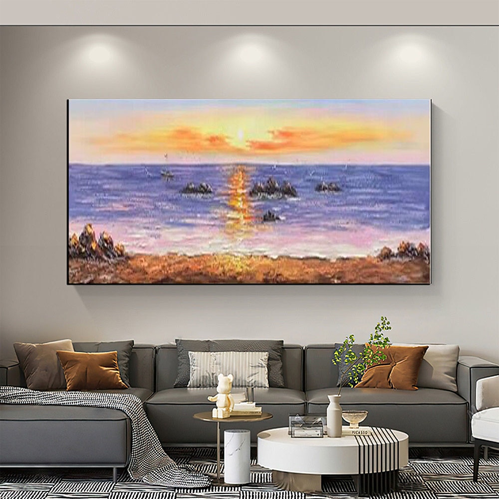 Pure Hand painted Sunset Sea Sky Ocean Beach Landscape Colorful Abstract Wall Art Extra Large Panoramic Oil Painting On Canvas 2025 - $83.99 –P14