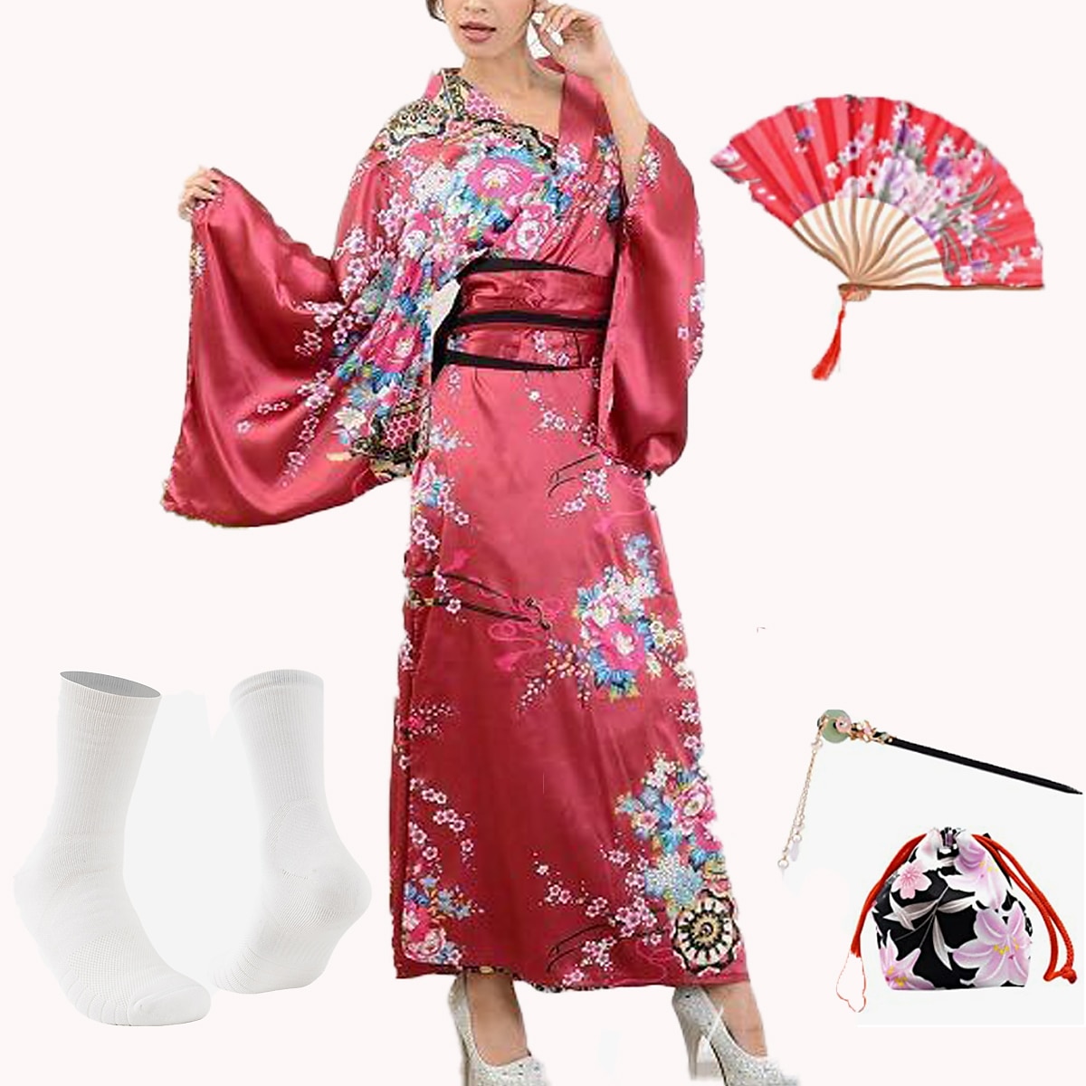Japanese Anime Women's Kimono Robe Geisha Yukata Sweet Dress Blossom Satin Bathrobe Sleepwear Fans Socks Hair Accessories Purse 5 PCS 2025 - $68.99 –P2