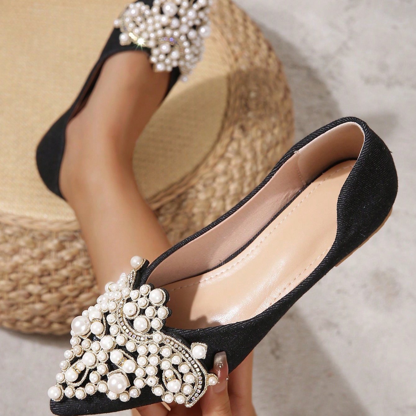 Hochzeitsschuhe für Braut, Brautjungfer, Damen, geschlossene Zehenpartie, spitze Zehenpartie, Aprikosenschwarze PU-Flats mit Imitationsperlenkristall, flacher Absatz, Hochzeit, Party, Valentinstag, eleganter Klassiker 2025 - $46.99 –P7