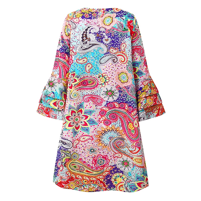 dámské mini šaty příležitostné šaty poloformální šaty drobné šaty sundress Bohemia volány rukáv dovolená každodenní koktejlová party regular fit květinový paisley 3/4 délky rukáv v-krk červená modrá 2025 - $46.99 –P3