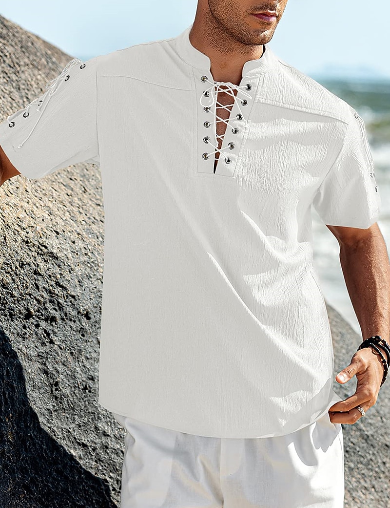 Homens Camisa Social camisa de linho Camisa casual camisa de praia Tecido Férias Havaiana Preto Branco Azul Marron Manga Curta Colarinho Chinês Primavera Verão Roupa Básico de 2026 por $25.99 –P12