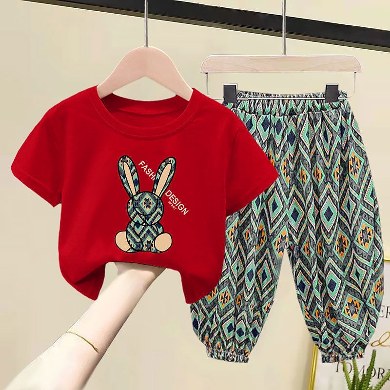 2 Piese Copii Fete Geometric Costum de pantaloni A stabilit Manșon scurt Modă În aer liber Bumbac 3-7 ani Vară Negru Alb Galben 2025 - $13.49 –P5