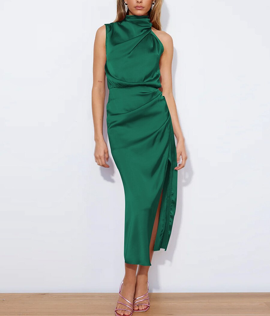 A-Line Wedding Guest Dresses Elegant Dress Party Wear Semi Formal Tea  Length Sleeveless High Neck Stretch Satin with Slit 2024 2026 - $23.99