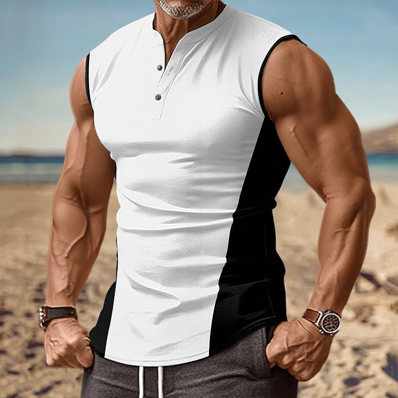 Herre Singleter Vest topp Underskjorte Ermeløs skjorte Ermeløs Henley krage Sommer Fargeblokk Mote Designer Muskel Knapper utendørs Ut på byen Treningssenter Svart Hvit Rød Topp T-skjorte for menn 2025 - $16.49 –P2