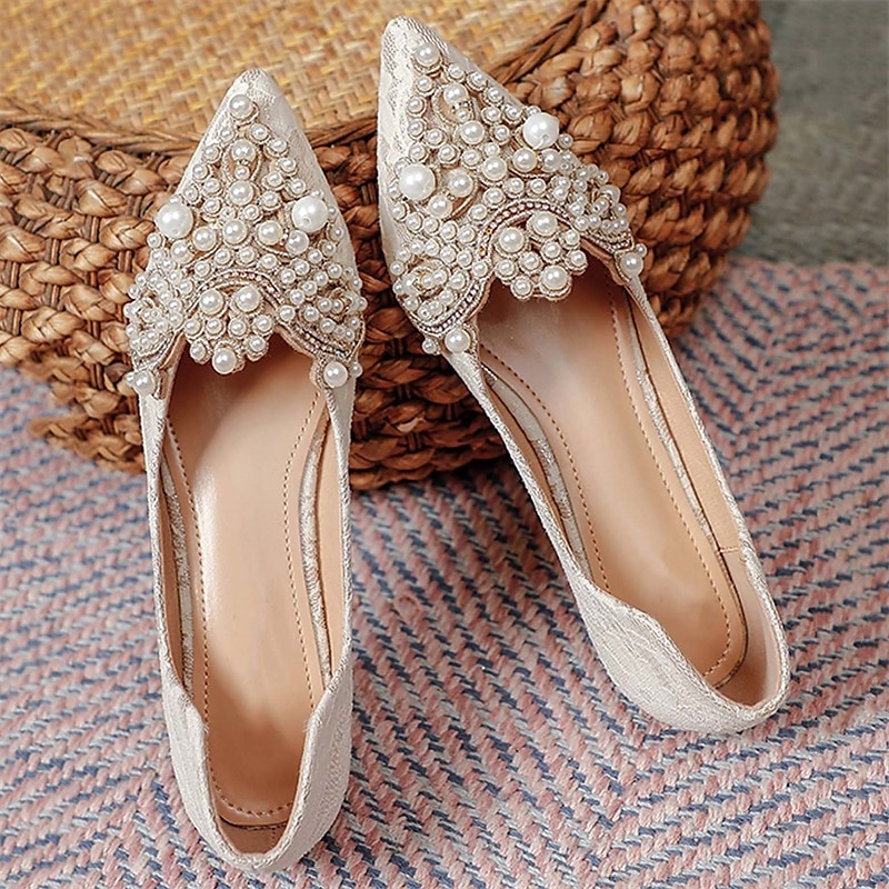 Hochzeitsschuhe für Braut, Brautjungfer, Damen, geschlossene Zehenpartie, spitze Zehenpartie, Aprikosenschwarze PU-Flats mit Imitationsperlenkristall, flacher Absatz, Hochzeit, Party, Valentinstag, eleganter Klassiker 2025 - $46.99 –P17