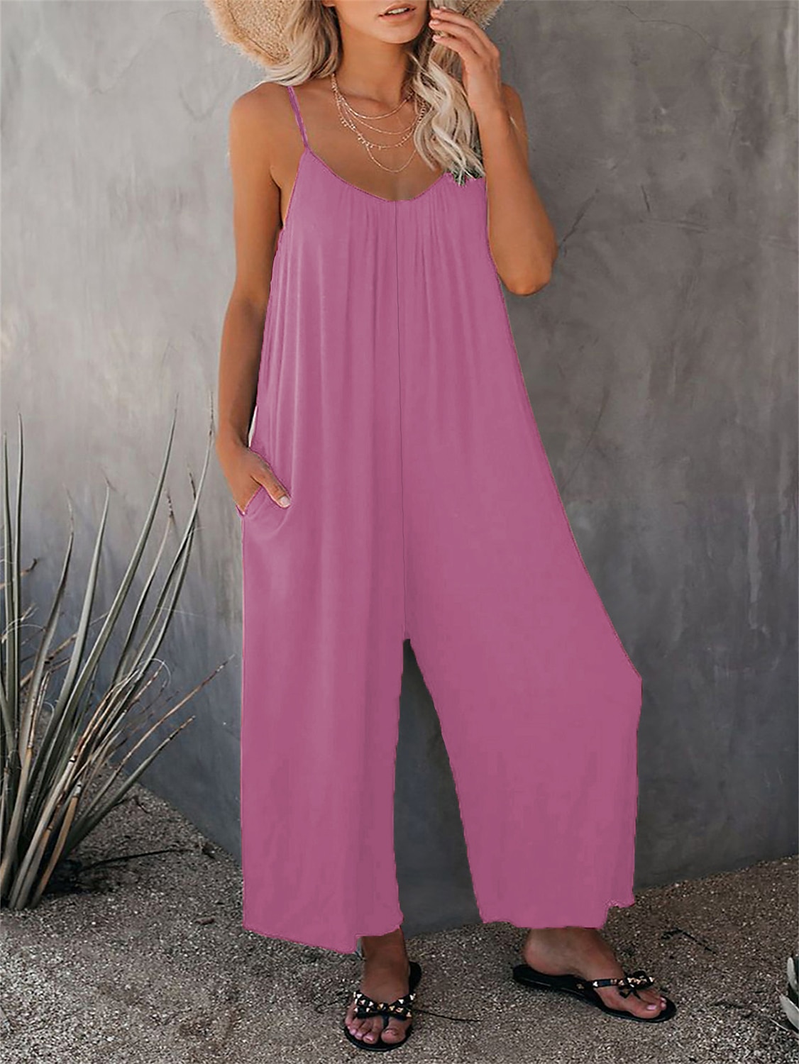 női jumpsuit egyszínű v nyak ünnepnapi kirándulás széles lábszár laza spagetti pántos khaki 3xl nyári 2025 - $24.99 –P18