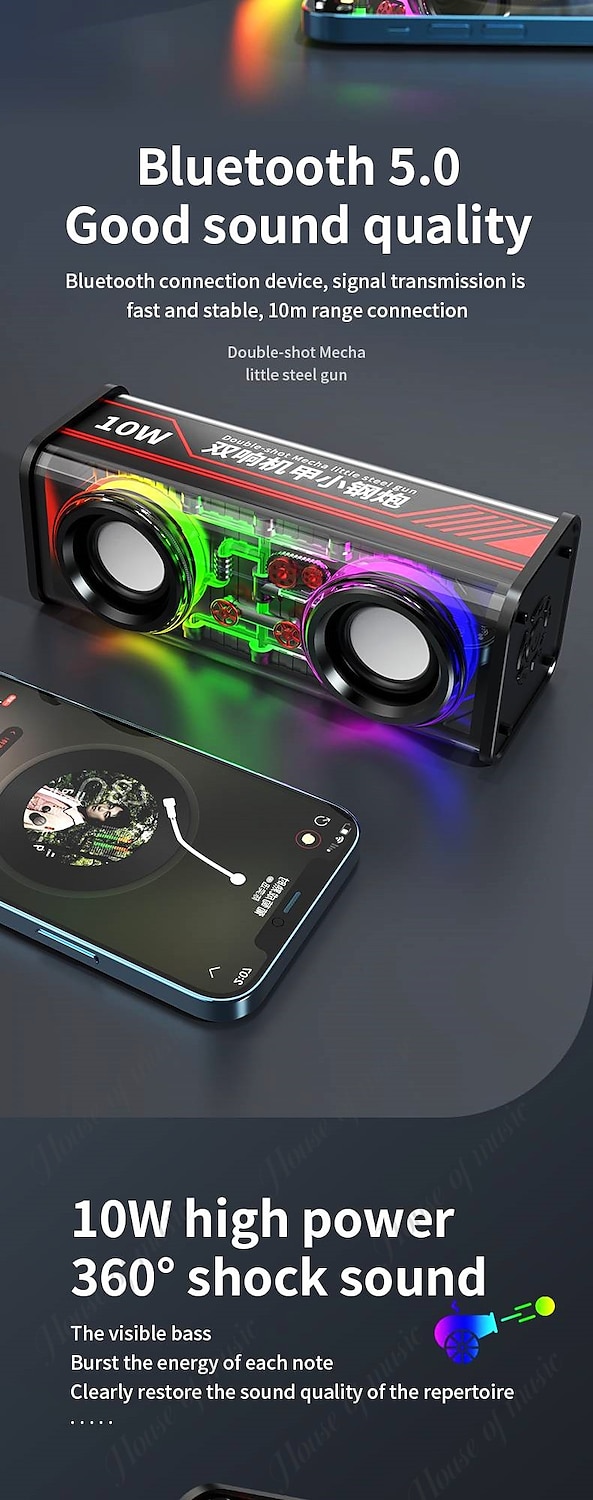 v8/transparent mecha music רמקולים bluetooth 5.0 סאבוופר אלחוטי tws rgb light רמקול נייד מיני רמקול מסיבות 2023 - US $32.19 -P3