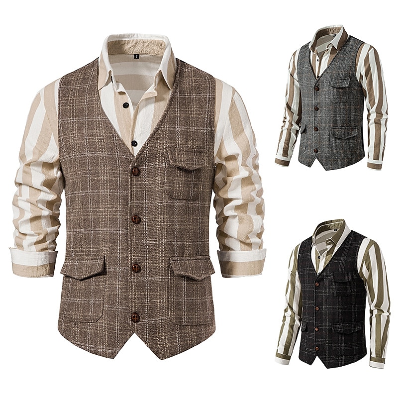 Pánské Kamizelka Vesta Denní nošení Dovolená Jdeme ven Vinobraní Bristké Jaro & podzim Tlačítko Polyester Pohodlné Pléd Jednořadé Klopa Běžný Šedá Černá Khaki Vesta 2025 - $31.99 –P1
