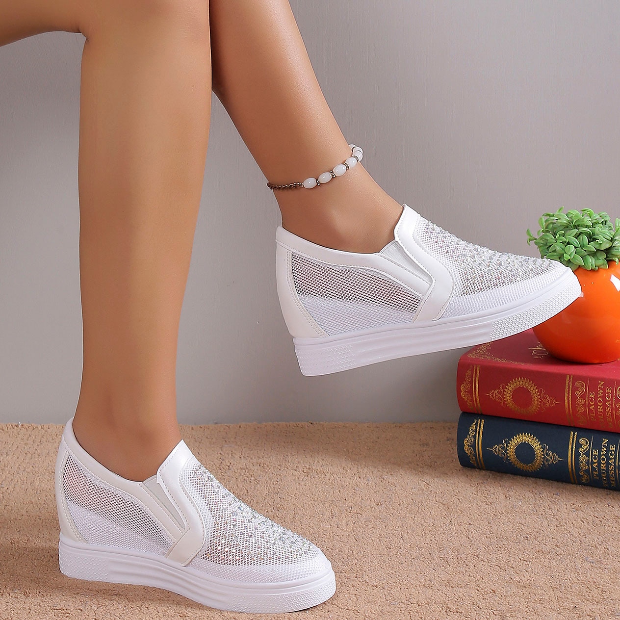 Women's Sneakers Slip-Ons Wedge Heels Height Increasing Shoes Platform Sneakers Daily Solid Color Galaxy Glow in the Dark Rhinestone Wedge Heel Hidden Heel Round Toe Fashion Sporty Casual Walking Mesh 2023 - AED 139 –P4