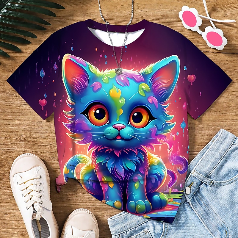 Flickor 3D Grafisk Tecknat Katt T-shirt Kortärmad 3D-tryck Sommar Vår Aktiv Mode söt stil Polyester Barn 3-12 år Utomhus Ledigt Dagligen Normal 2025 - $10.99 –P12