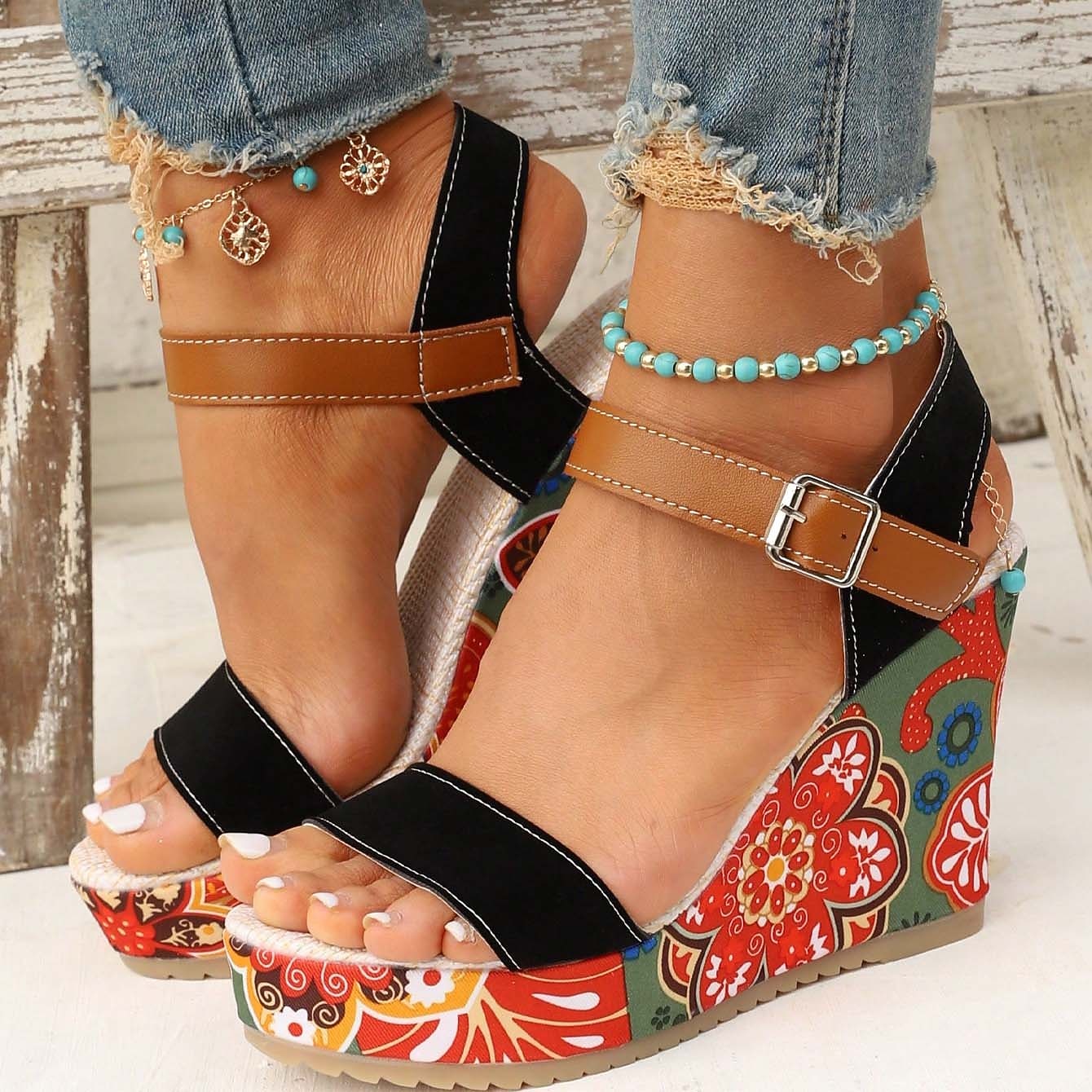 Damen-Keilsandalen im Boho-Stil mit Blumenmuster – offenes Plateaudesign mit verstellbaren Riemen für lässige Sommeroutfits 2026 - $32.99 –P12