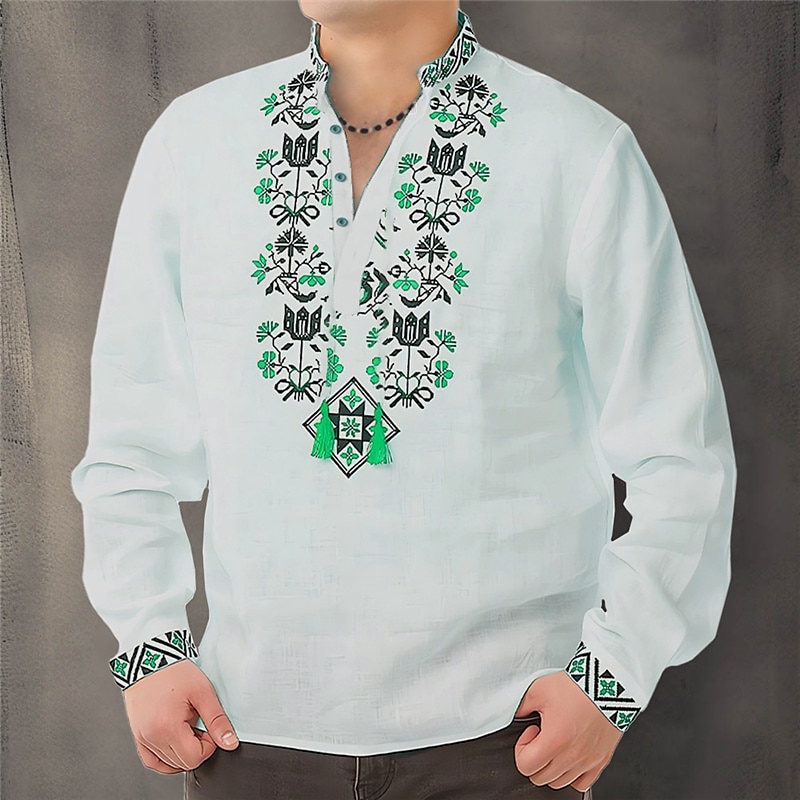 Men's Floral Ethnic Shirt Button Up Shirt Long Sleeve Fashion Streetwear Designer Outdoor Casual Daily Summer Spring Fall Stand Collar Print Red Blue Green Gray 2025 - $26.99 –P3