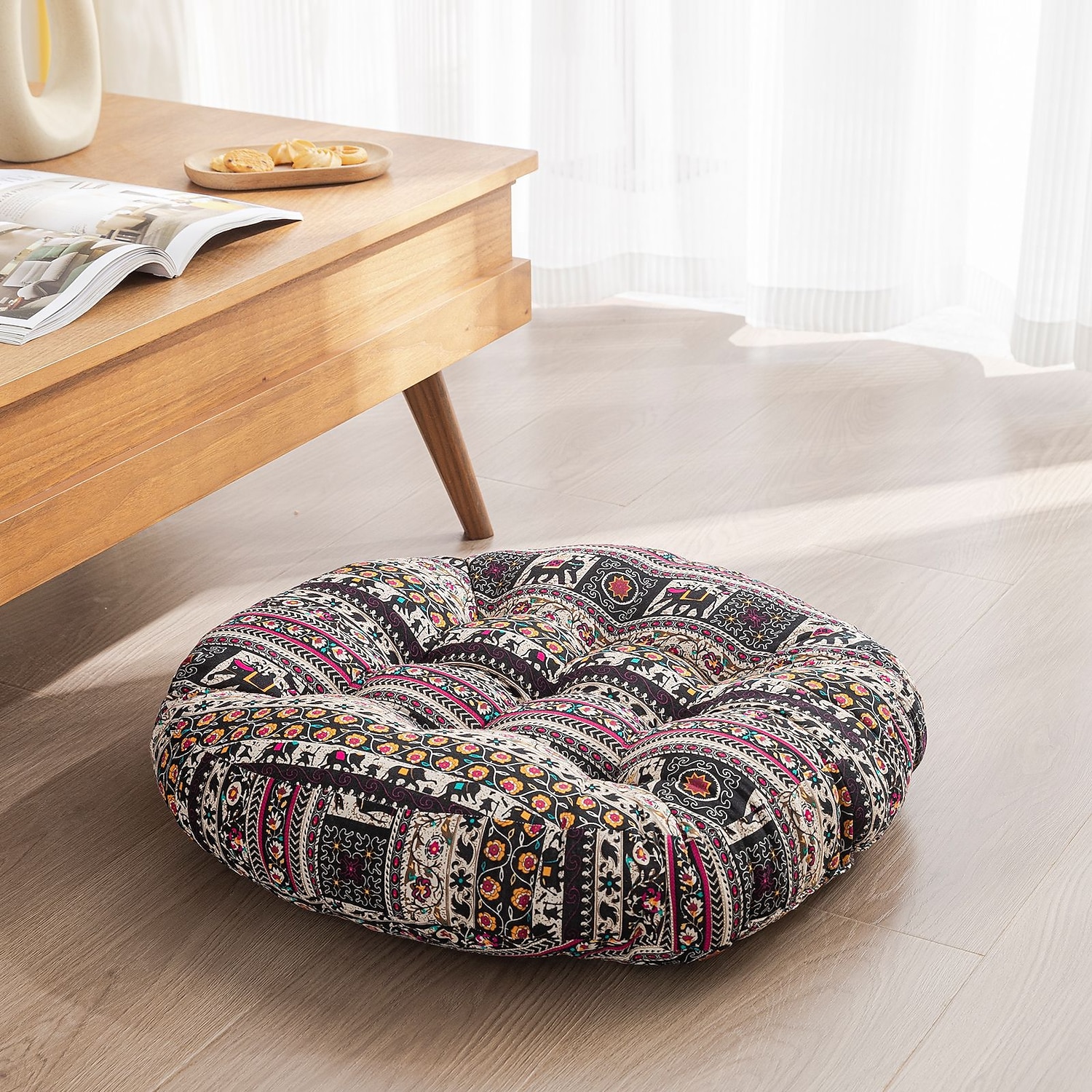 Round Bohemian Floor Cushion Pillow, Mandala Meditation Yoga Tatami Seating  Cushion, Cotton Linen Boho India Floor Seat Pillows for Living Room Sofa