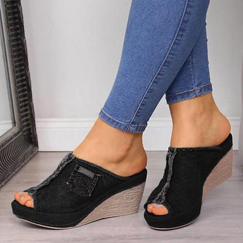 Damen-Keilsandalen aus Denim – offenes Design mit ausgefranstem Saum und Taschendetail, lässige Slip-On-Pantoletten für den Alltag 2025 - $26.99 –P6