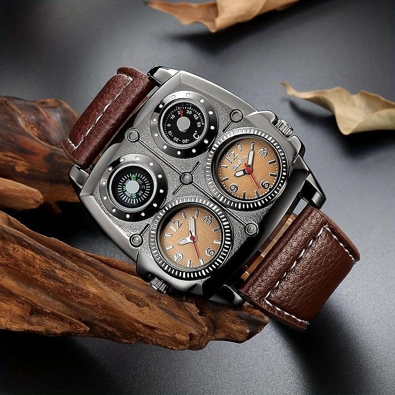 Oulm Herren Quarz Uhr Minimalistisch Retro Vintage Sport Mode Kompass Wasserdicht Thermometer Dekoration Lederuhr 2025 - $25.99 –P1