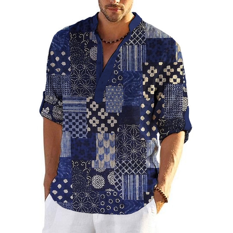 Voor heren Kleurenblok Geometrisch patroon Geometrie Overhemd Overhemd met knopen Lange mouw Modieus Streetwear Ontwerper Buiten Dagelijks Zomer Lente Herfst Opstaand Afdrukken Rood Marine Blauw 2025 - $24.99 –P4