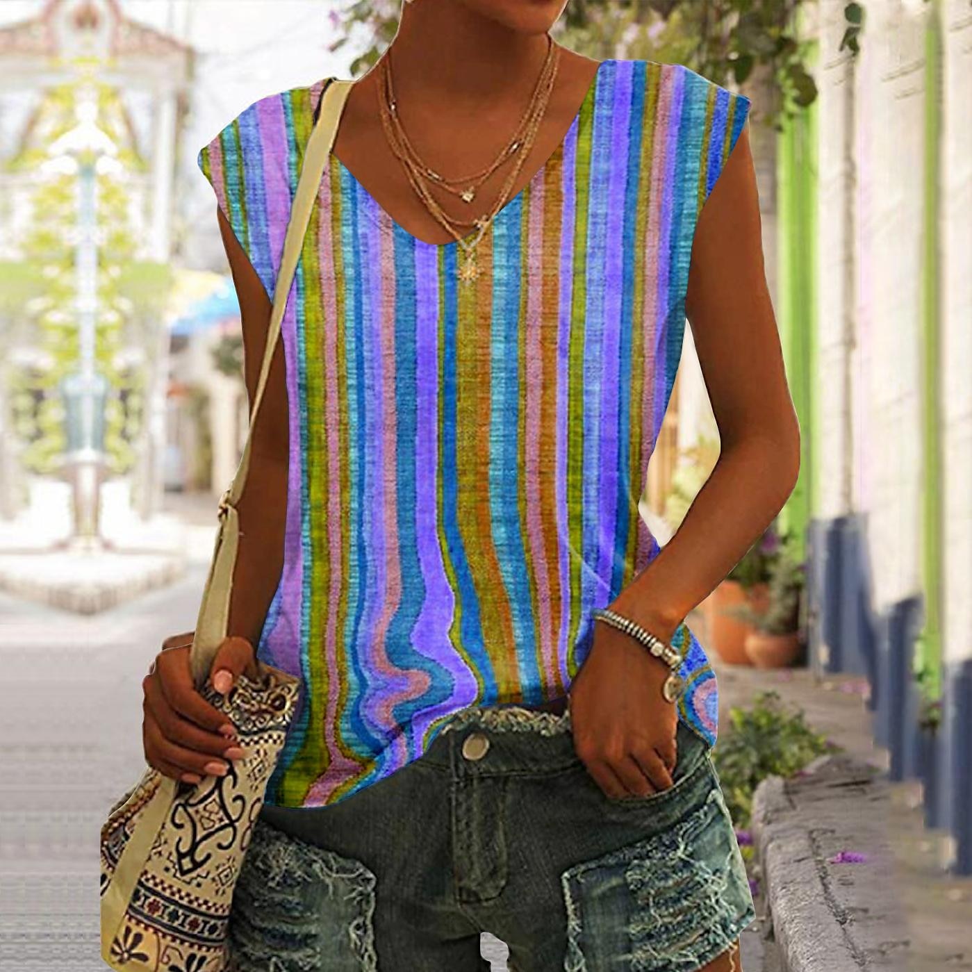 Women's Tank Top Yellow Pink Blue Striped Print Sleeveless Casual Basic V Neck Regular S 2023 - US $10.99 –P2