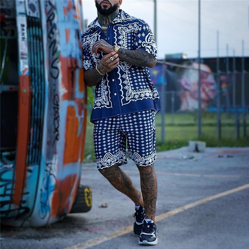 2026年 男性用 ペーズリー トライバル グラフィック シャツセット シャツ シャツセット アロハシャツ 半袖 折襟 ファッション ストリートファッション デザイナー アウトドア ストリート カジュアル プリント 夏 春 ルビーレッド ブルー  コレクション – $33.99 –P2
