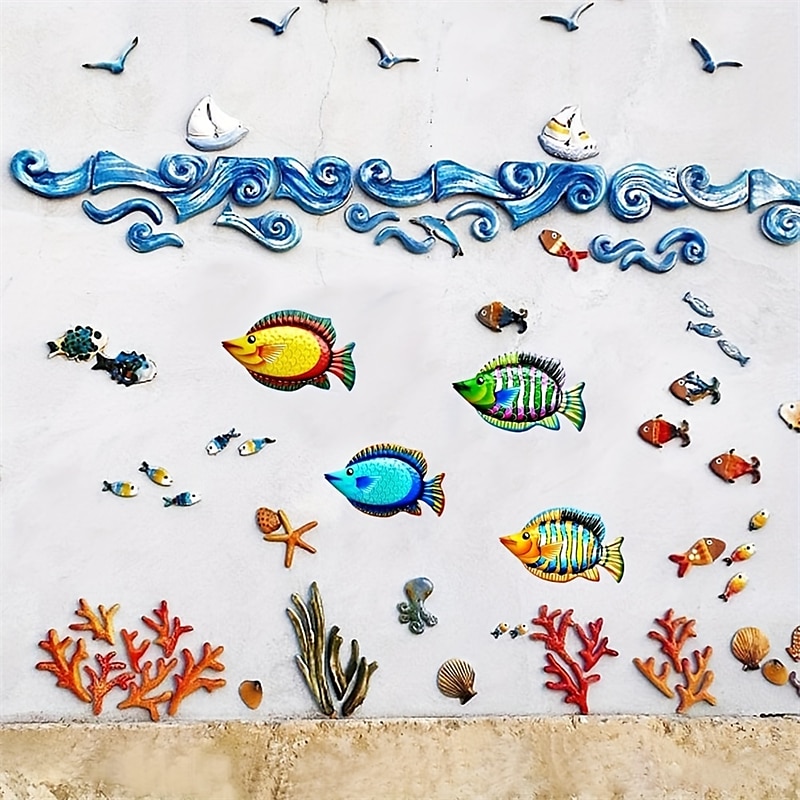 1 יחידות דגים מתכת אמנות קיר מתכת צבעוני דגים טרופיים דקור 3D חיצוני פיסול אוקיינוס נושא עיצוב חדר אמבטיה תפאורה גינה גדר קיר תפאורה מתכת קיר אמנות תפאורה 17.5x30cm/6.9''x11.8'' 2025 - $18.49 –P7
