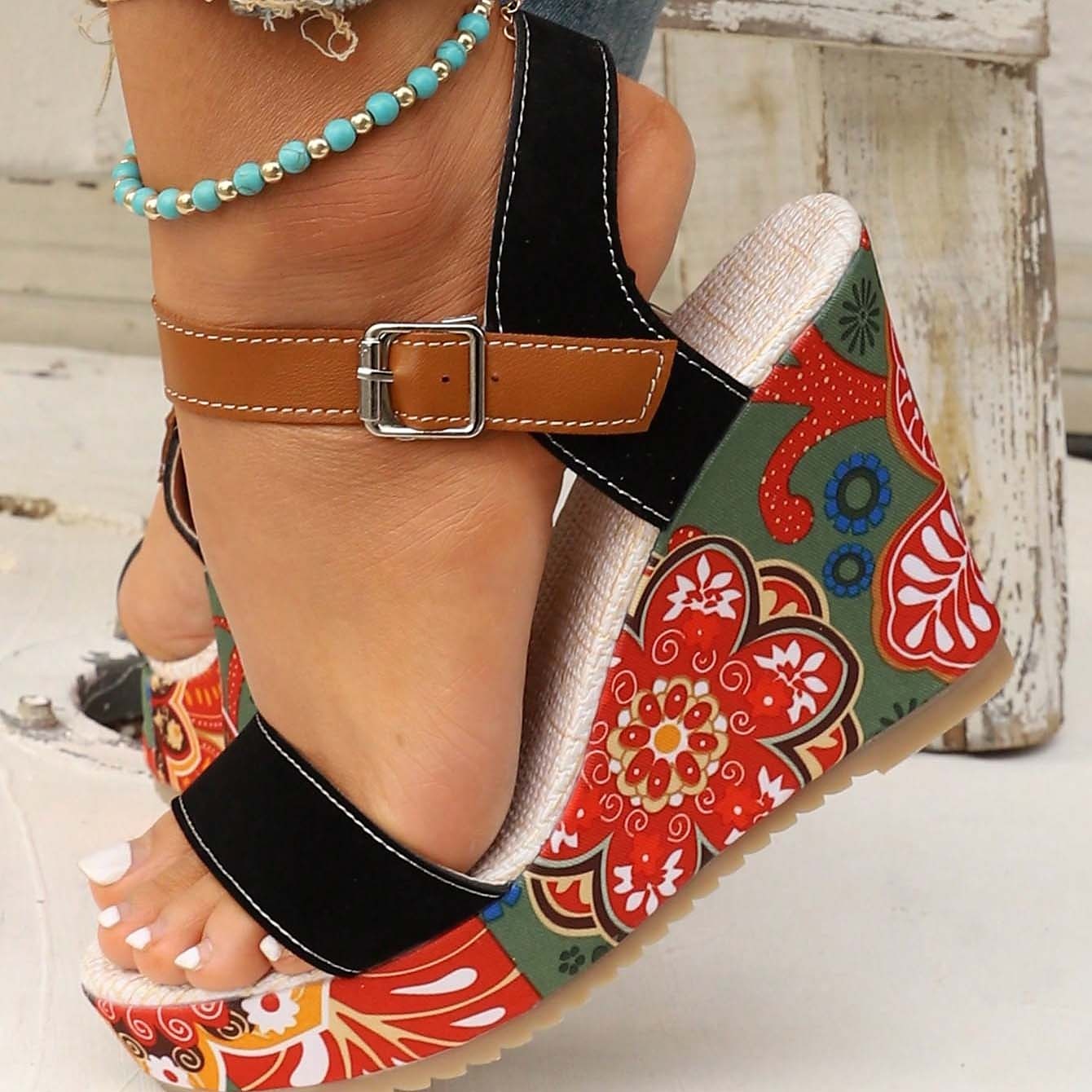 Damen-Keilsandalen im Boho-Stil mit Blumenmuster – offenes Plateaudesign mit verstellbaren Riemen für lässige Sommeroutfits 2026 - $32.99 –P8