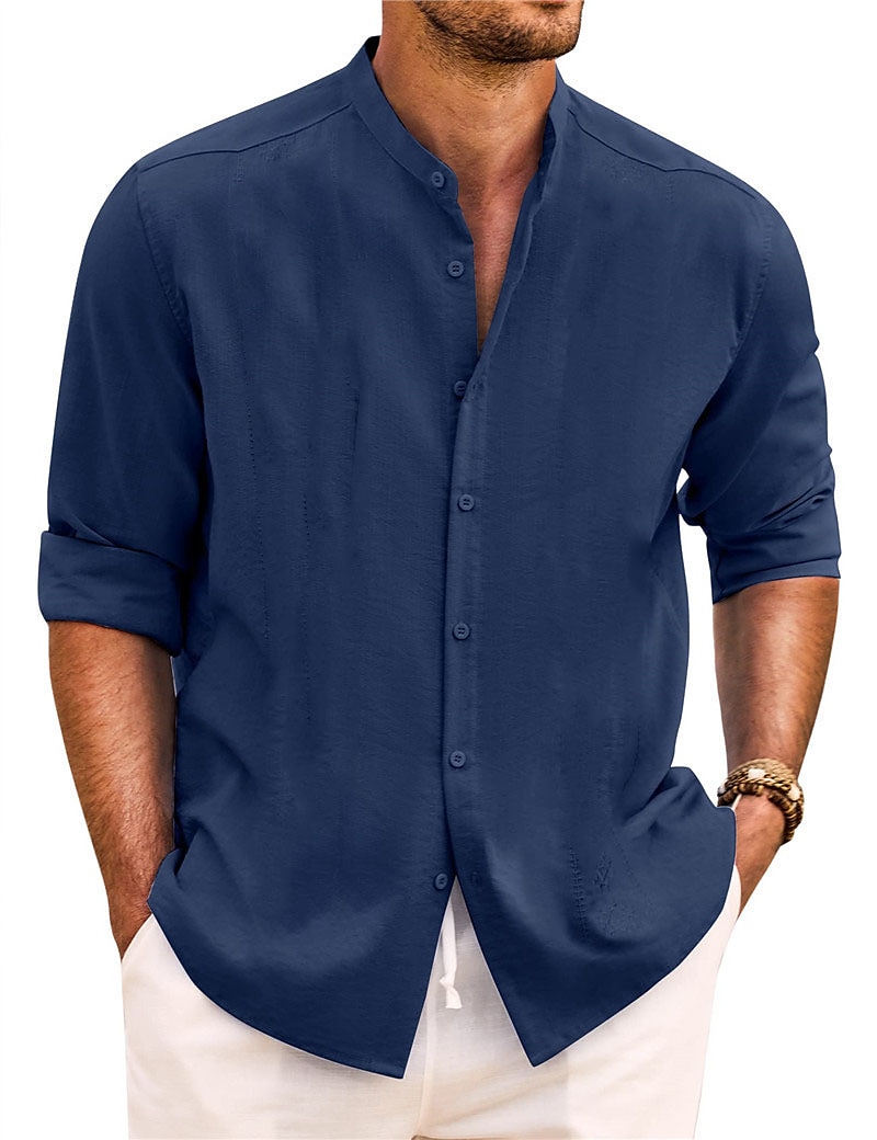 Per uomo Camicia Camicia con colletto a fascia Camicia estiva Abbigliamento mare Maglietta informale Camicia con bottoni Liscio Da mare Informale Nero Bianco Rosa Verde Manica lunga A fascia del 2025 a €21.99 –P7