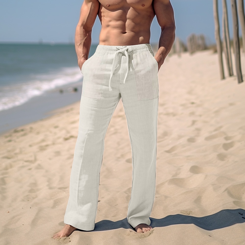 Men Cotton Linen Beach Pant Casual Drawstring Lightweight Baggy Hippie Pants   eBay