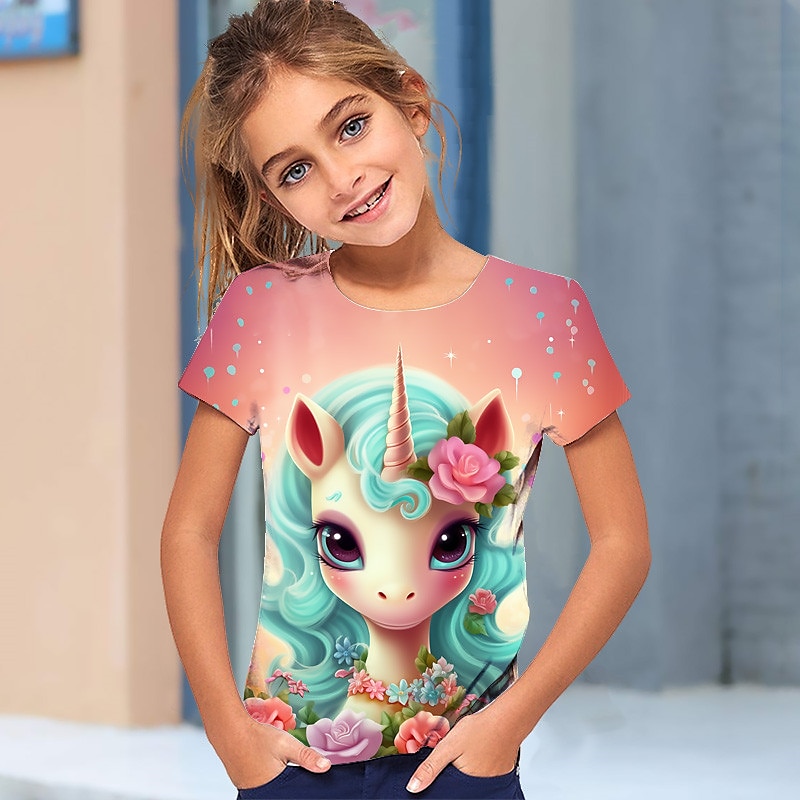 Flickor 3D Grafisk Tecknat Enhörnings T-shirt Kortärmad 3D-tryck Sommar Vår Aktiv Mode söt stil Polyester Barn 3-12 år Utomhus Ledigt Dagligen Normal 2025 - $11.49 –P4