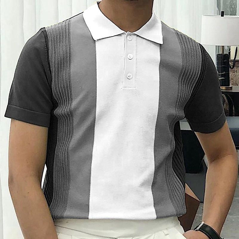 Men's Knit Polo Sweater Polo Shirt Outdoor Street Turndown Button Short Sleeve Fashion Classic Striped Button Front Summer Spring Fall Regular Fit Black White Light Green Green Apricot Gray Knit Polo 2025 - $30.99 –P6