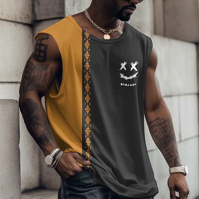 Herren Graphic Farbblock Lustig Shirt Ärmelloses T-Shirt für Männer Gurte T-Shirt 3D-Druck Rundhalsausschnitt Hemd Modisch Designer Muskel Täglich Sport Fitnessstudio Schwarz Gelb Wein Frühling Sommer 2025 - $14.99 –P4