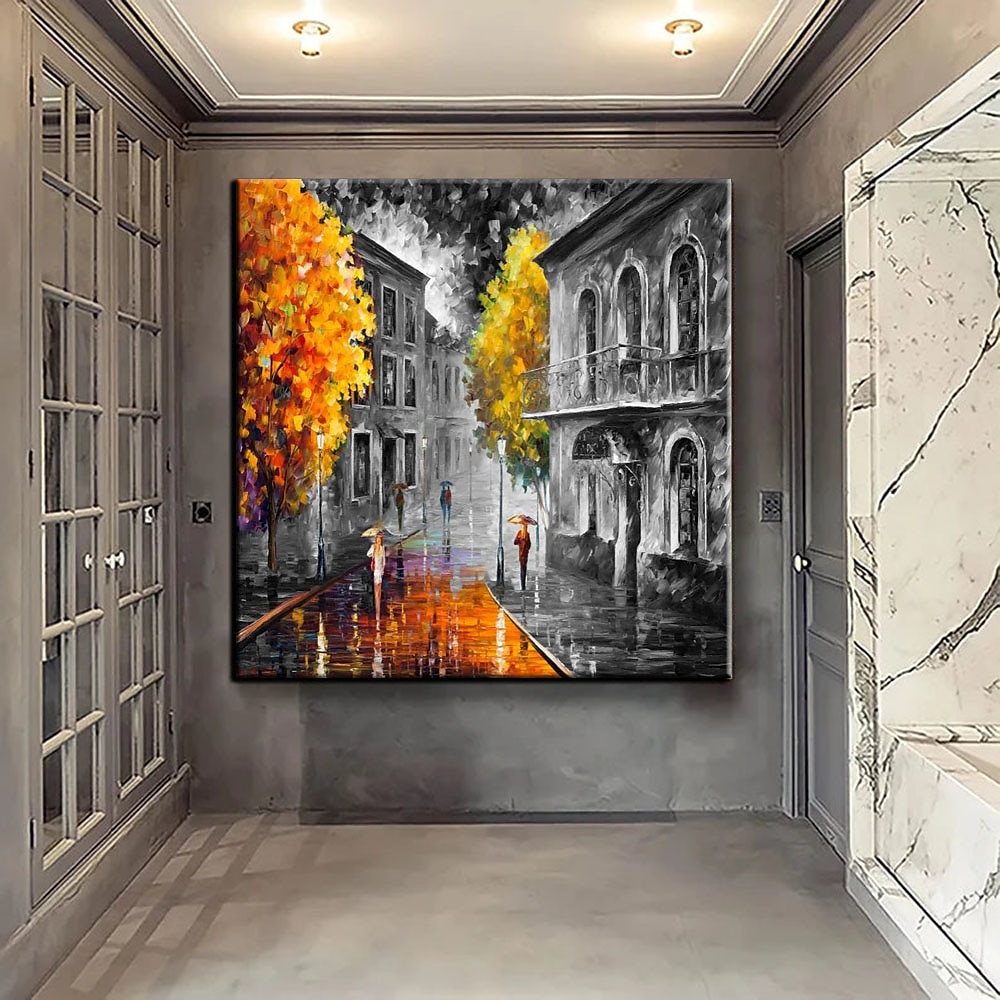 Handgefertigtes, handgemaltes Ölgemälde, Wandgemälde „Regentage“, originaler Regen, urbane Kunst, Regenschirmkunst, Ölgemälde, abstraktes Kunstwerk, Dekor, gerollte Leinwand, kein Rahmen, ungedehnt 2025 - $77.99 –P11