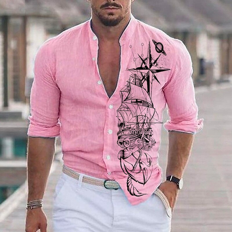 Men's Shirt GraphicAnchor Vintage Geometry Sailboat Stand Collar