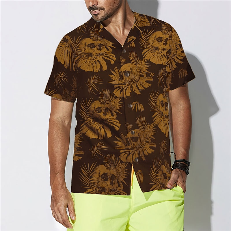 Voor heren Doodskoppen Bladeren Tropische planten Overhemd Hawaiiaans overhemd Aloha-shirt Korte mouw Overhemd Strijkijzer Tropisch Modieus Hawaii Casual Hawaii Feestdagen Zwart Paars Bruin S M L 2025 - $24.99 –P8