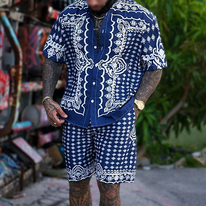 2026年 男性用 ペーズリー トライバル グラフィック シャツセット シャツ シャツセット アロハシャツ 半袖 折襟 ファッション ストリートファッション デザイナー アウトドア ストリート カジュアル プリント 夏 春 ルビーレッド ブルー  コレクション – $33.99 –P3