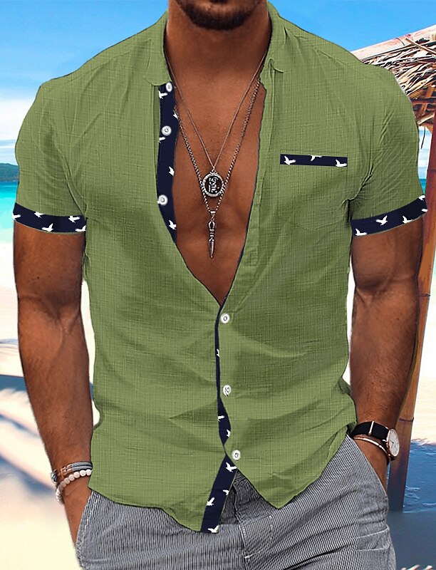 Herren Hemd leinenhemd Sommerhemd Strandbekleidung Lässiges Hemd Knopfhemd Farbblock Urlaub Curise Weiß Blau Grün Khaki Kurzarm Umlegekragen Sommer Bekleidung Patchwork 2025 - $21.99 –P5