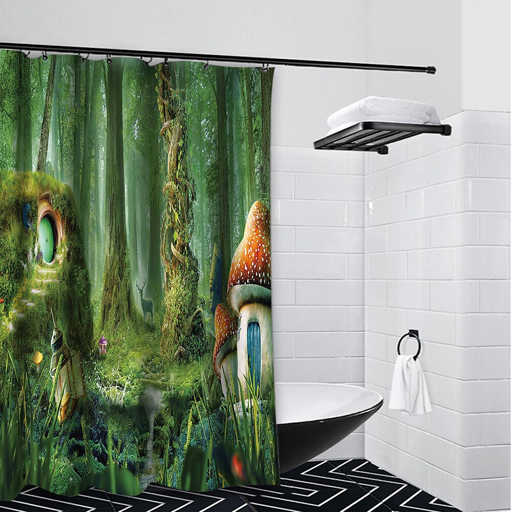 Zasłona prysznicowa z 12 haczykami 180 cm*180 cm (70"*70") poliestrowa wodoodporna nadająca się do prania wzór leśnego krajobrazu 2025 - $22.99 –P11