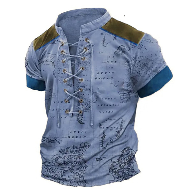 Men's T Shirt Graphic World Map Stand Collar Clothing Apparel 3D Print Daily Sports Going out Short Sleeve Lace up Print Vintage Fashion Designer Stylish 2025 - $21.99 –P6