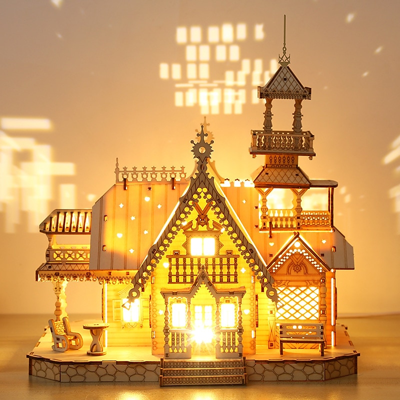 3D dřevěné puzzle vila dům královský hrad se světelnou montážní hračkou pro dospělé kutily modelové sady stolní dekorace pro dárek 2025 - $49.99 –P4
