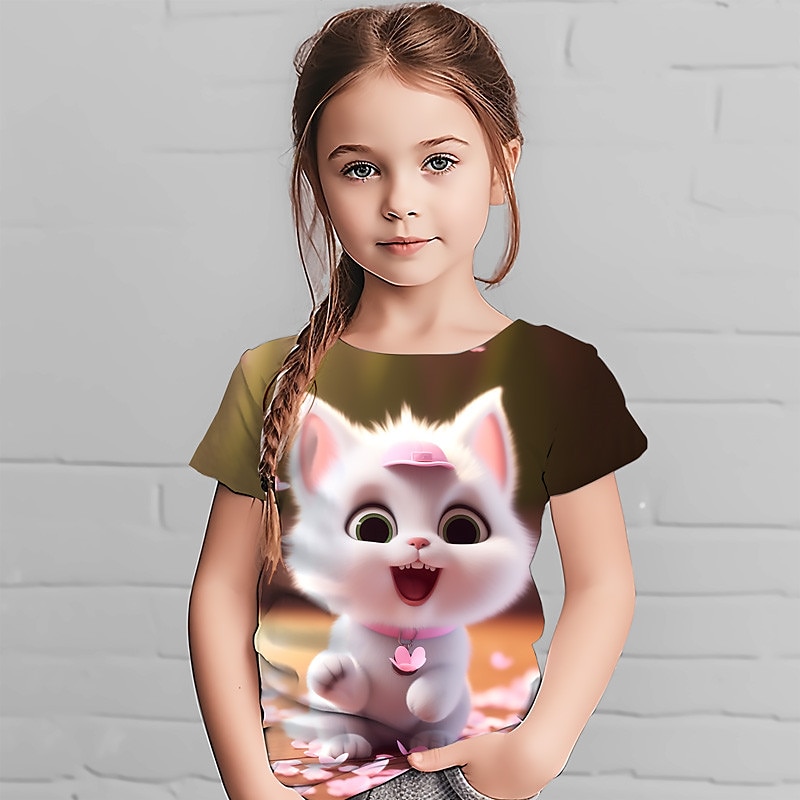 dziewczęca koszulka z nadrukiem 3d z motywem zwierzęcym i kotem, krótki rękaw, nadruk 3d, letnia, wiosenna, aktywna, modna, śliczna, poliester, dziecięca, 4-12 lat, na zewnątrz, swobodna, codzienna, regularna 2025 - $11.49 –P2