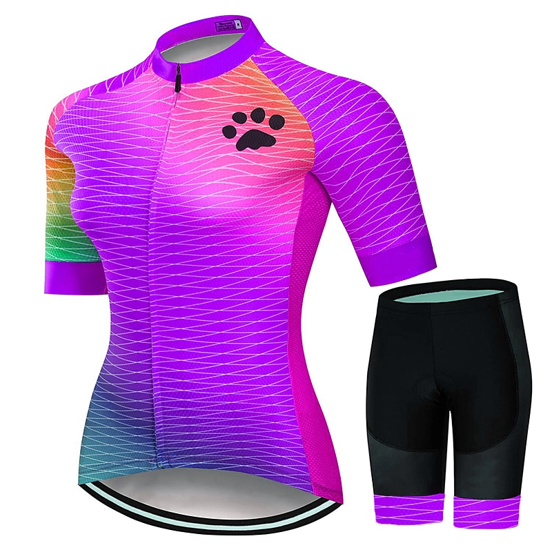 Femme Maillot et Cuissard Velo Cyclisme Manche Courte VTT Vélo tout terrain Vélo Route Rose Rouge Bleu Graphic Chat Dégradé Vélo Séchage rapide Evacuation de l'humidité Spandex Des sports Graphic de 2025 ? $50.99 –P4