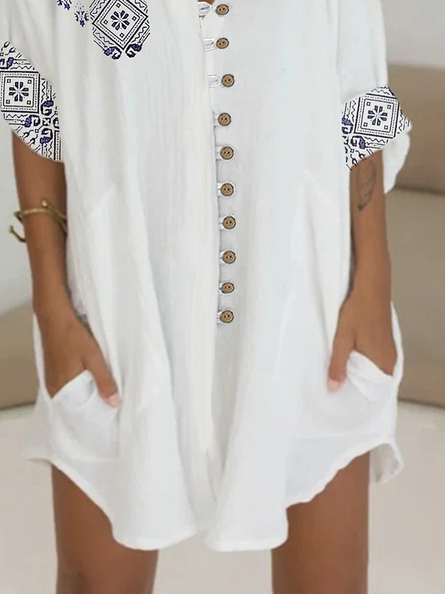 Women's White Summer Spring Mini Dress Petite Dress Shirt Dress Casual Daily Loose Fit Tribal Shirt Collar 2025 - $5.69 –P3