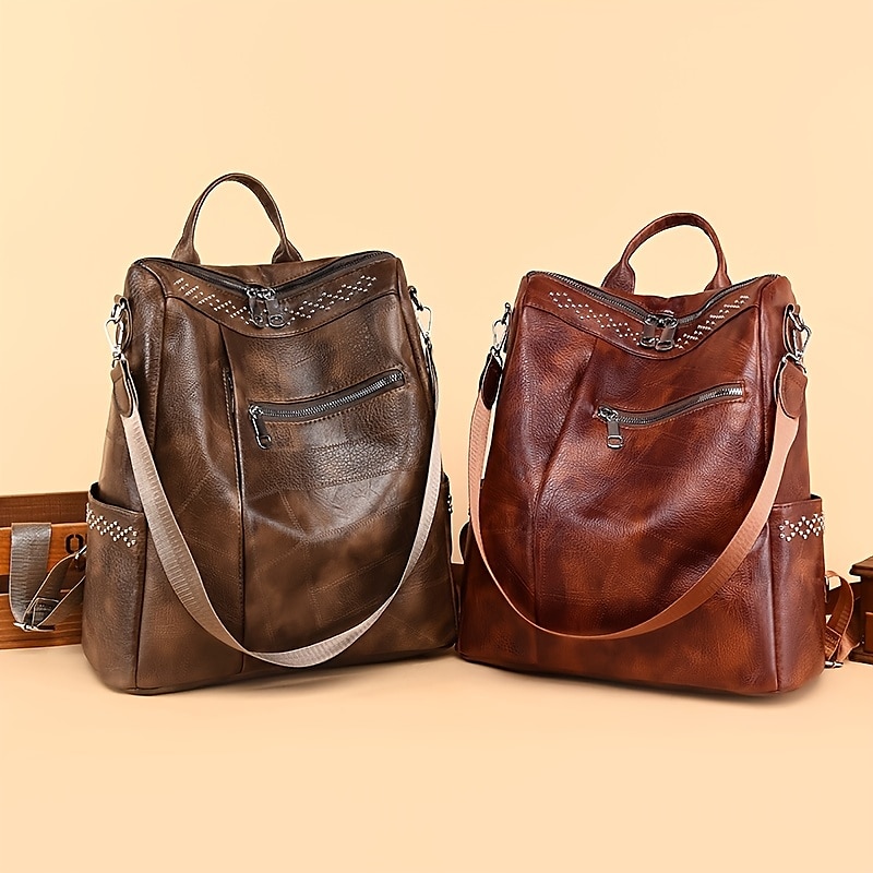 zaino multifunzione in pelle da donna - borsa per il ritorno a scuola antifurto di grande capacità in marrone e nero del 2025 a $34.99 –P1