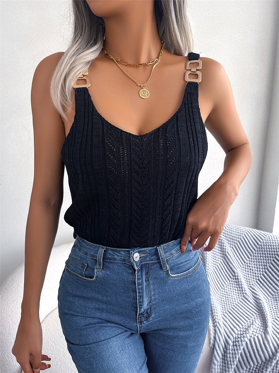 Women's Sweater Vest Strap Ribbed Knit Rayon Open Back Hole Summer Spring Daily Going out Weekend Stylish Sexy Casual Sleeveless Solid Color Black White Khaki S M L 2023 - US $23.99 –P14