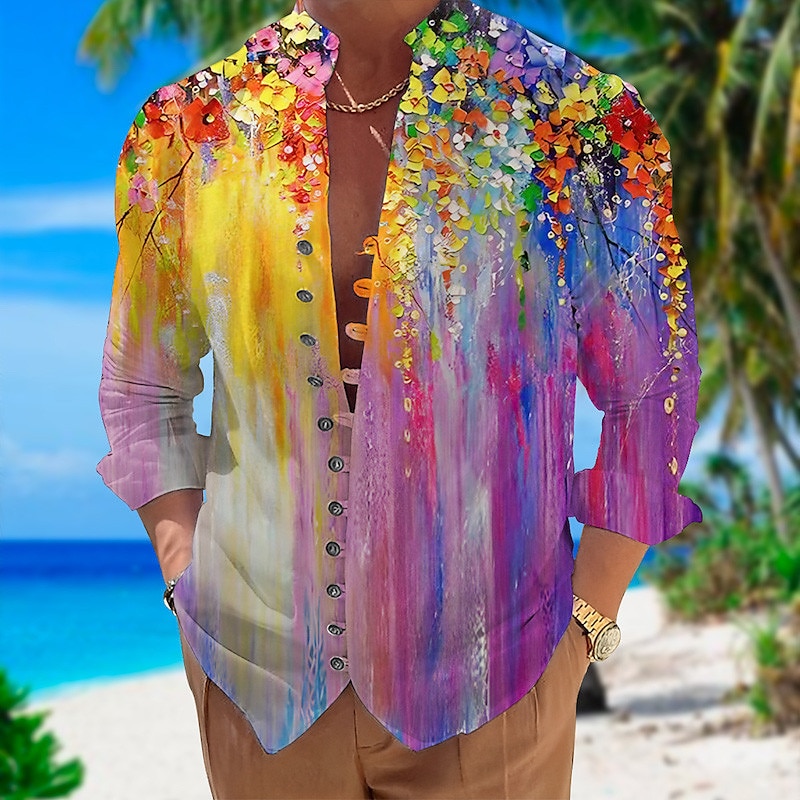 Férfi Virágos Trópusi virágok Ing Hawaii ing Aloha ing Hosszú ujj Ing Állógallér Divat Utcai sikk Dizájn Szabadtéri Utca Hétköznapi Sárga Arcpír rózsaszín Medence S M L 2025 - $27.99 –P2