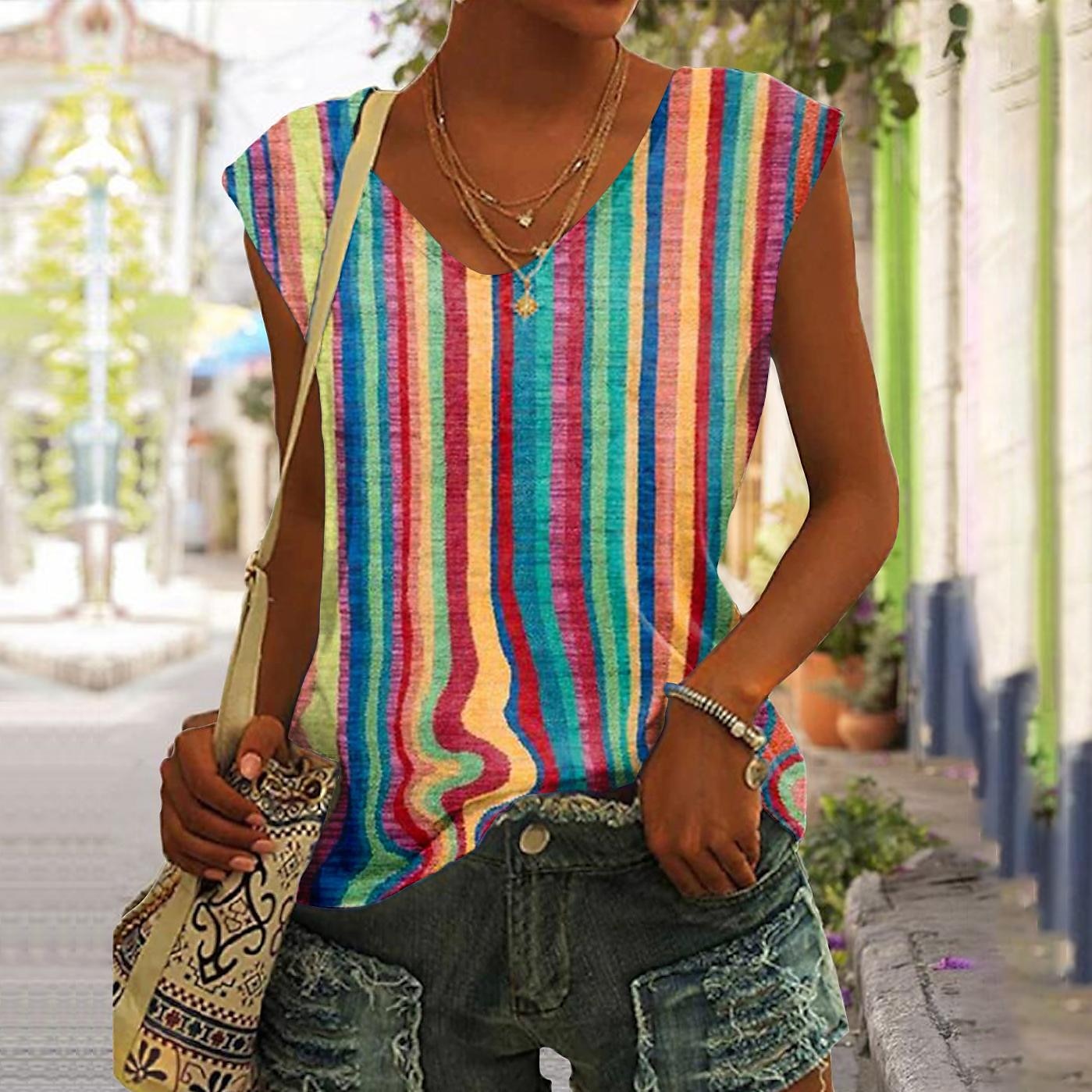 Women's Tank Top Yellow Pink Blue Striped Print Sleeveless Casual Basic V Neck Regular S 2023 - US $10.99 –P1