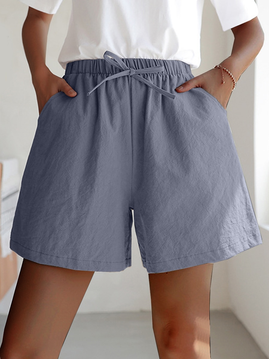 Women's Linen-Inspired Shorts Active Shorts Streetwear Simple Casual Short Mid Waist Plain Pocket Drawstring Breathable Soft Outdoor Micro-elastic Outdoor Vacation Casual Daily Ash Light Sky Blue 2025 - $12.99 –P10