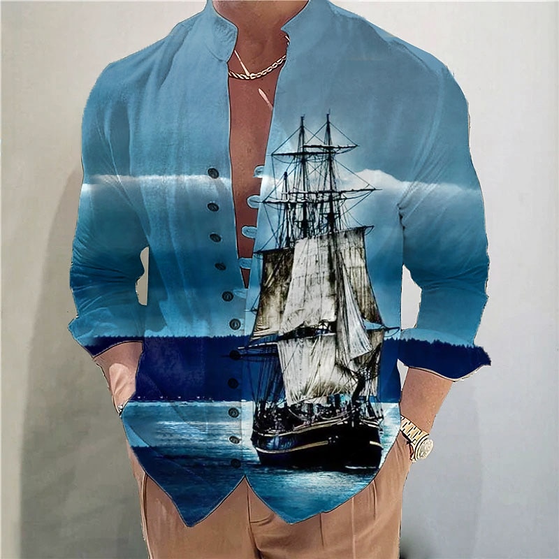 Per uomo Nautico Vintage Barca a vela Camicia Camicia con Bottoni Manica Lunga Moda Streetwear Designer All'aperto Casuale Quotidiano Estate Primavera Autunno Collo alla coreana Stampato Blu Marrone del 2026 a $26.99 –P5