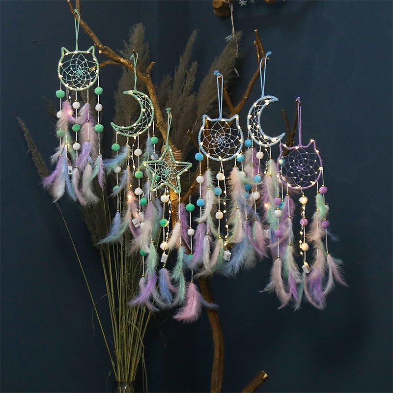 1 peça apanhador de sonhos, padrão de lua de gato, penas de miçangas, apanhador de sonhos, decoração de parede para pendurar em casa, enfeite para quarto de criança de 2025 por $11.99 –P16